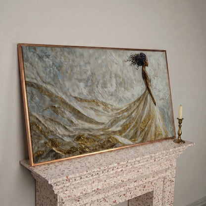 Black Woman in Flowing Gown Canvas Art in rose gold floating frame