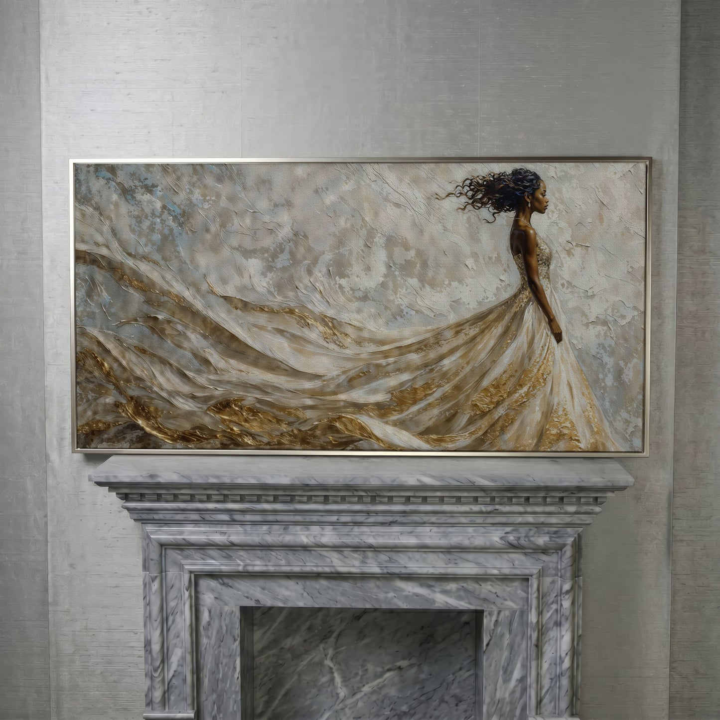 Black Woman in Flowing Gown Canvas Art in silver floating frame