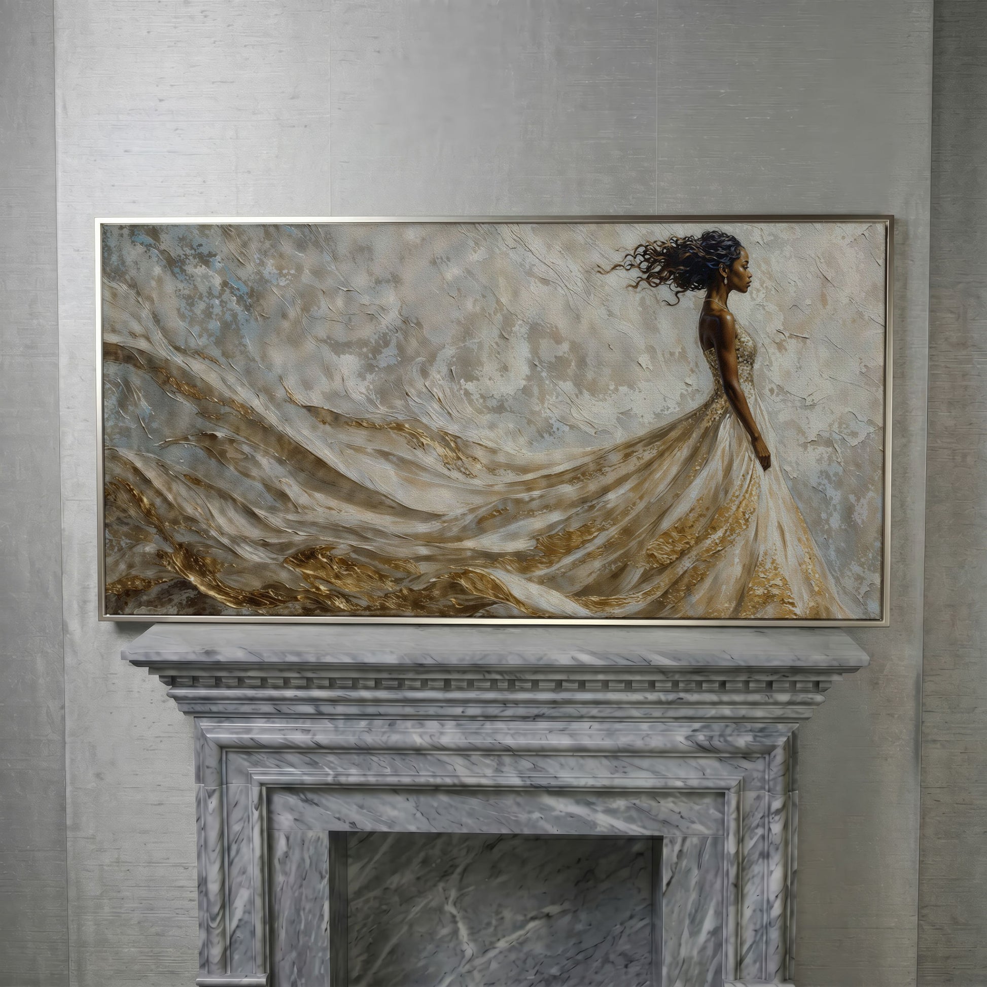 Black Woman in Flowing Gown Canvas Art in silver floating frame