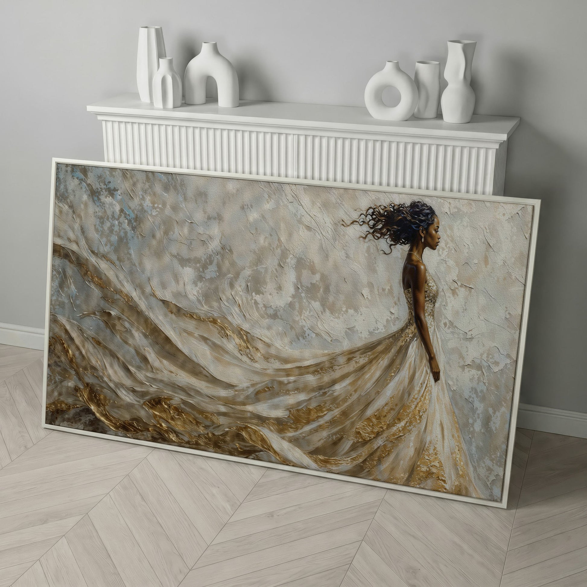 Black Woman in Flowing Gown Canvas Art in white floating frame
