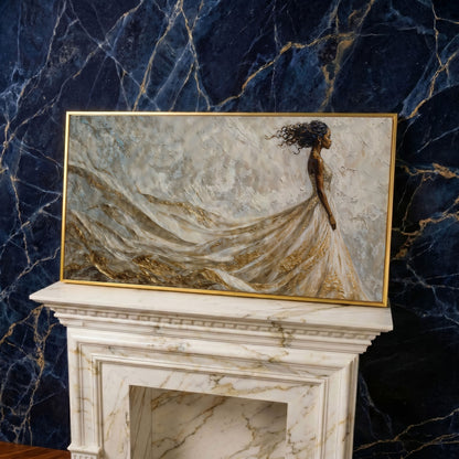 Black Woman in Flowing Gown Canvas Art in yellow gold floating frame