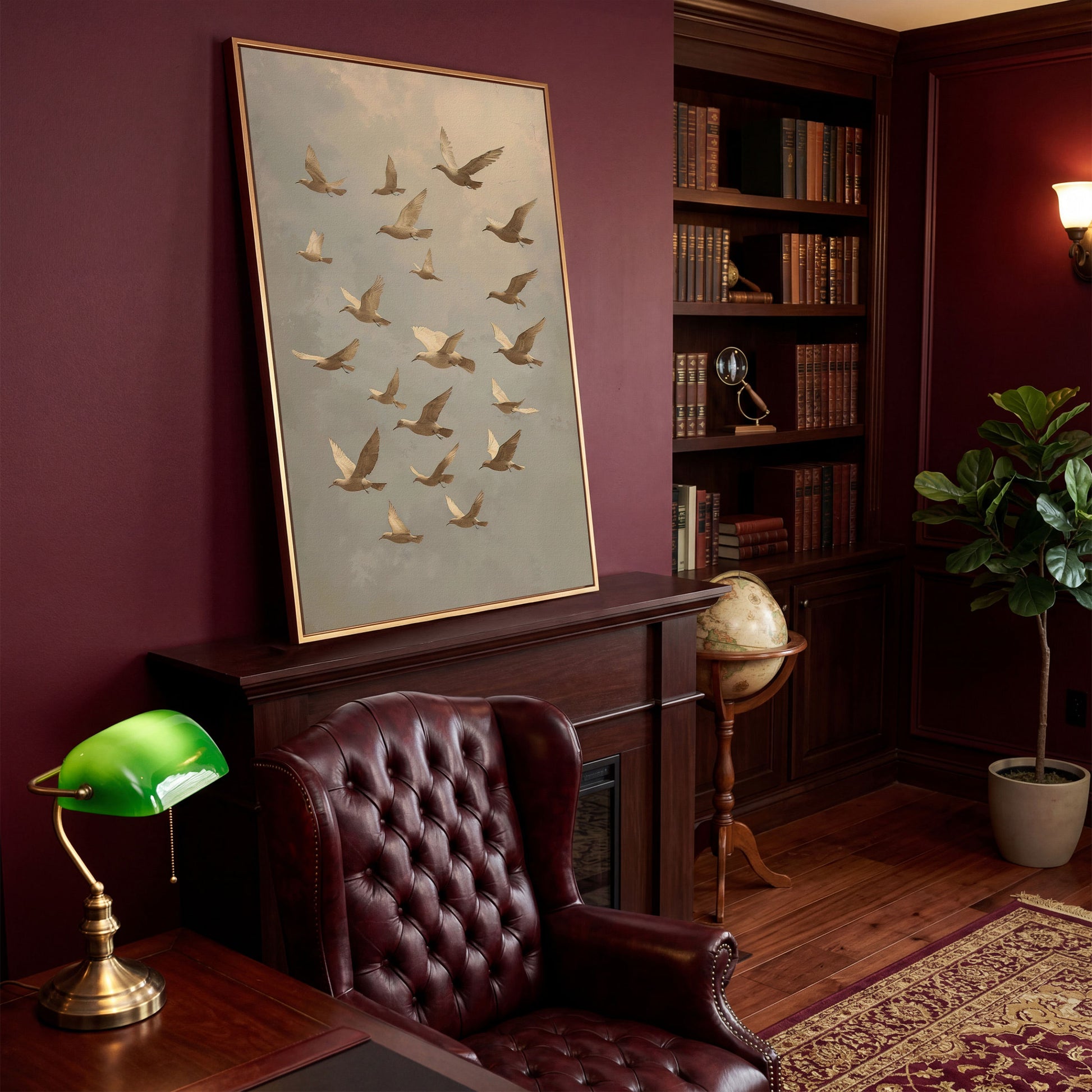Flock of Birds Wildlife Canvas in antique gold floating frame