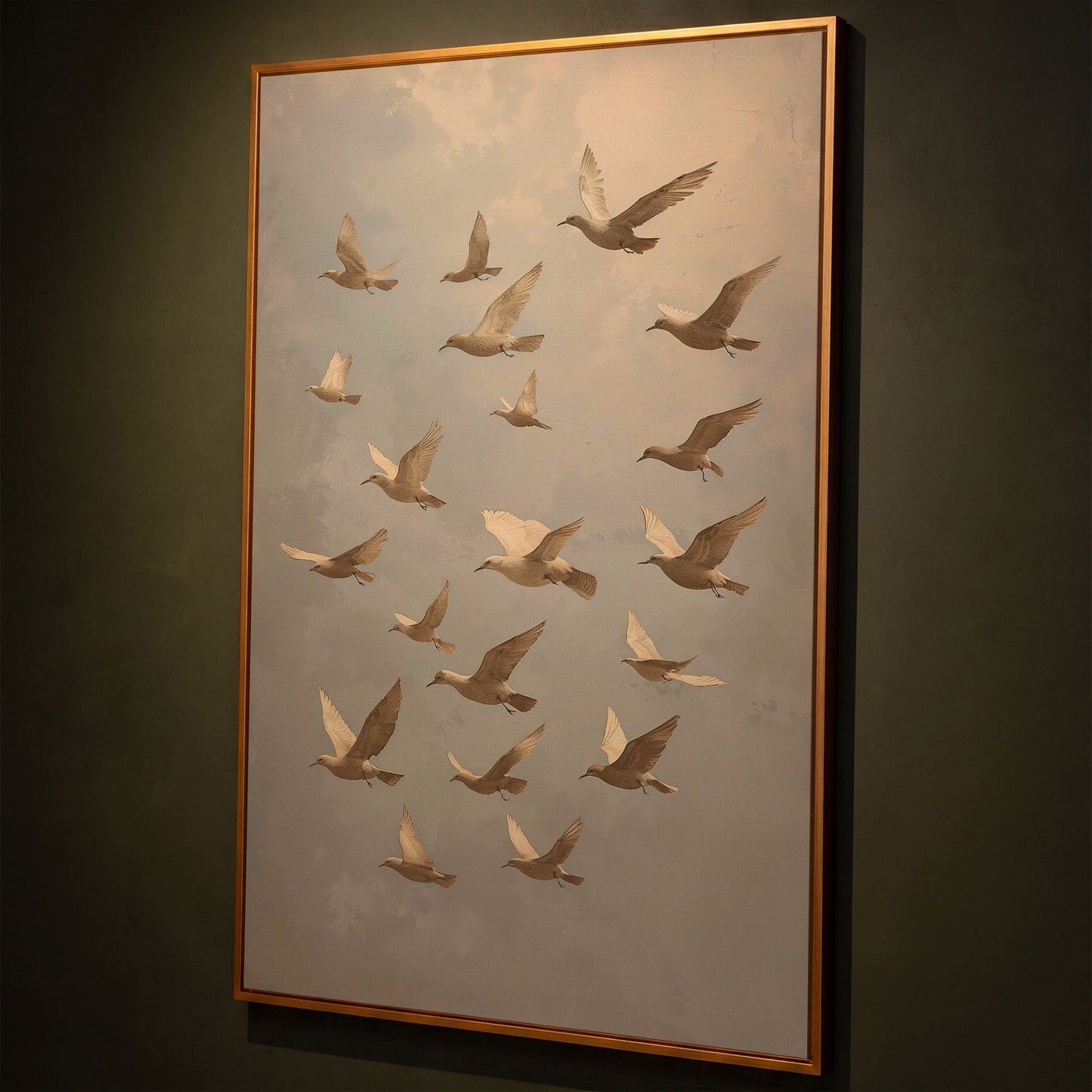 Flock of Birds Wildlife Canvas shown in antique gold floating frame