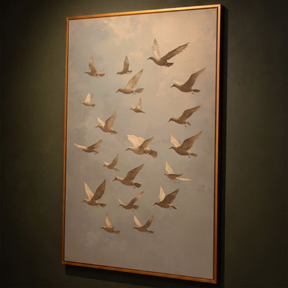 Flock of Birds Wildlife Canvas shown in antique gold floating frame