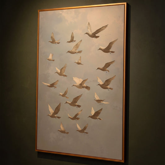 Flock of Birds Wildlife Canvas shown in antique gold floating frame