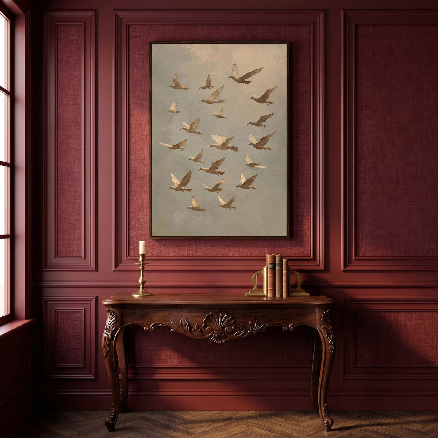 Flock of Birds Wildlife Canvas in dark walnut floating frame