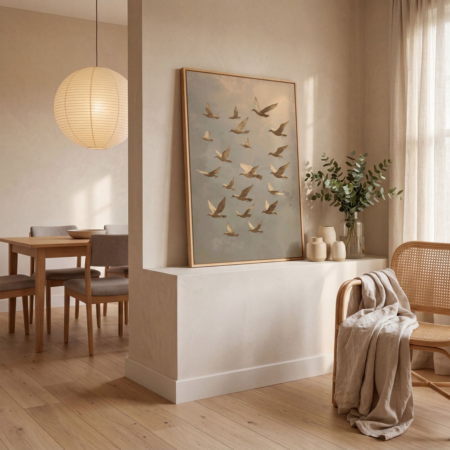Flock of Birds Wildlife Canvas in white oak floating frame