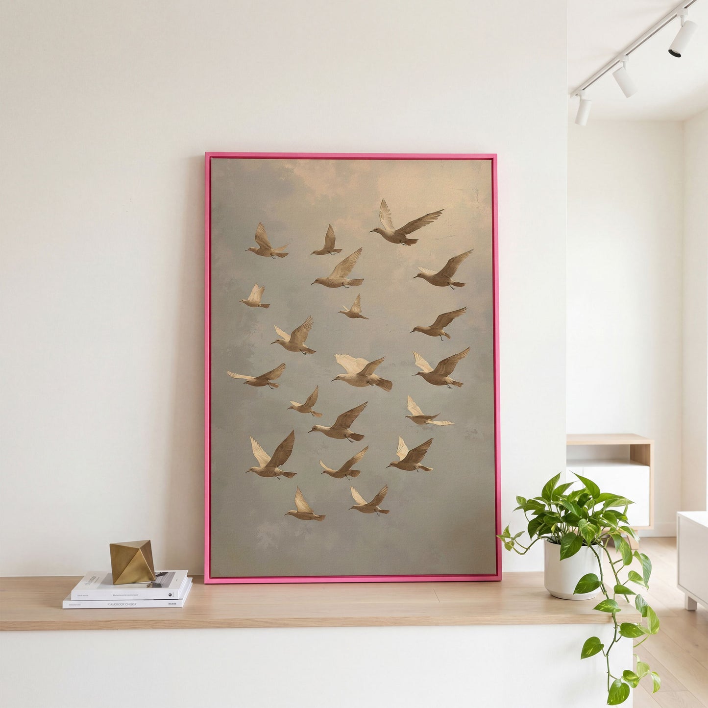 Flock of Birds Wildlife Canvas in pink floating frame