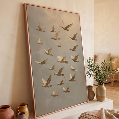 Flock of Birds Wildlife Canvas in rose gold floating frame