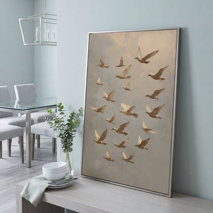 Flock of Birds Wildlife Canvas in silver floating frame