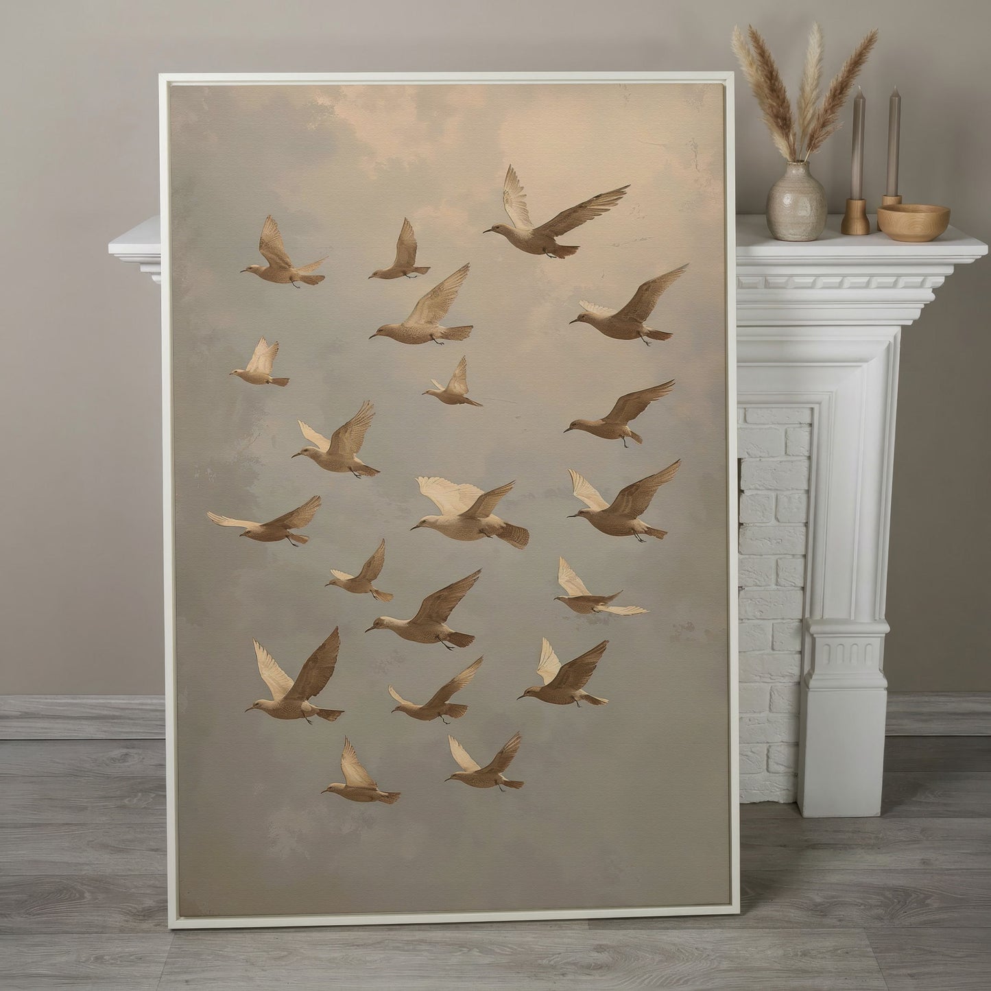 Flock of Birds Wildlife Canvas in white floating frame