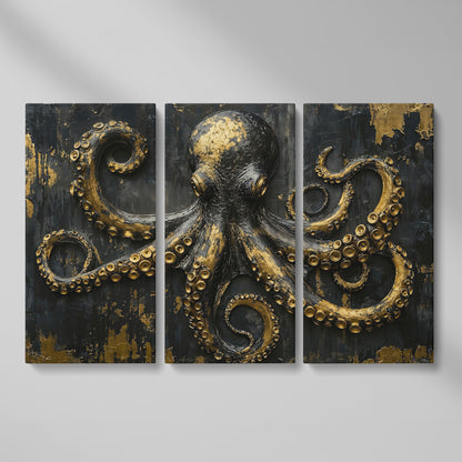 Gold Octopus Canvas. Gothic Nautical Wall Art as 3-panel split version