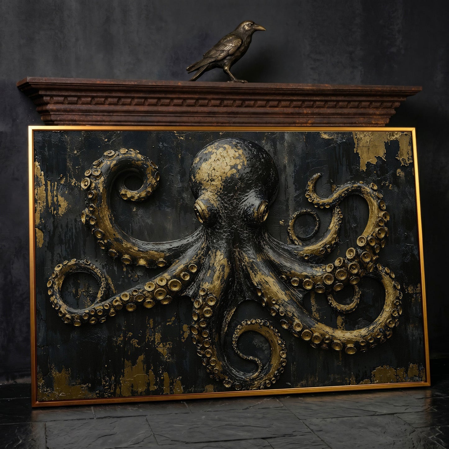 Gold Octopus Canvas. Gothic Nautical Wall Art in antique gold floating frame