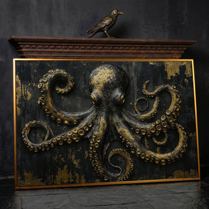 Gold Octopus Canvas. Gothic Nautical Wall Art in antique gold floating frame