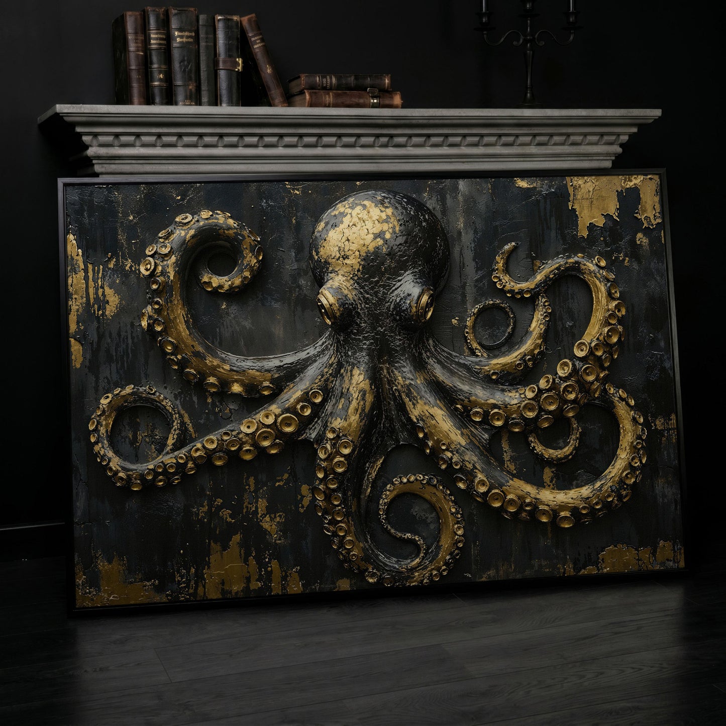 Gold Octopus Canvas. Gothic Nautical Wall Art in black floating frame