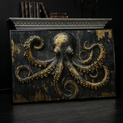 Gold Octopus Canvas. Gothic Nautical Wall Art in black floating frame