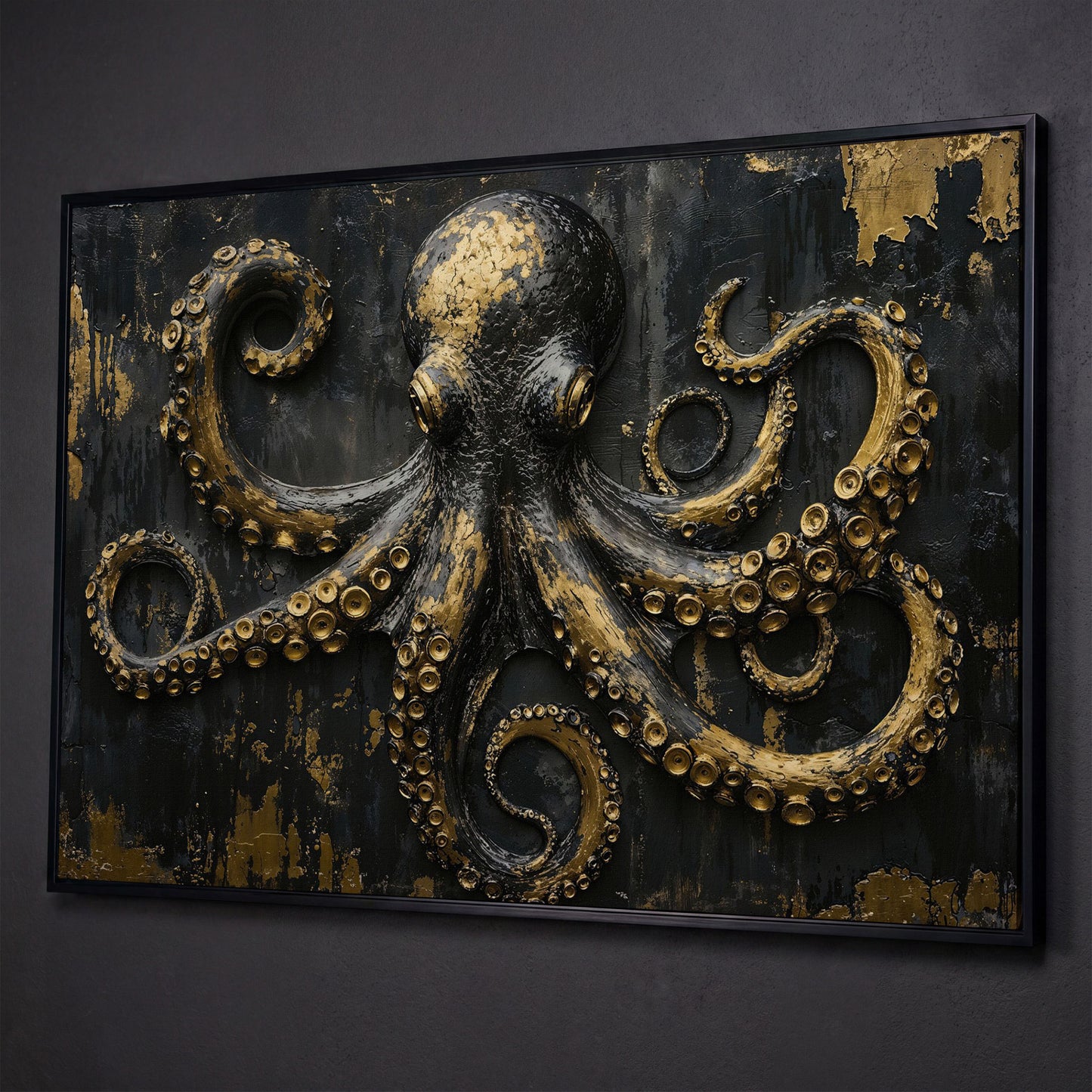 Gold Octopus Canvas. Gothic Nautical Wall Art shown in black floating frame