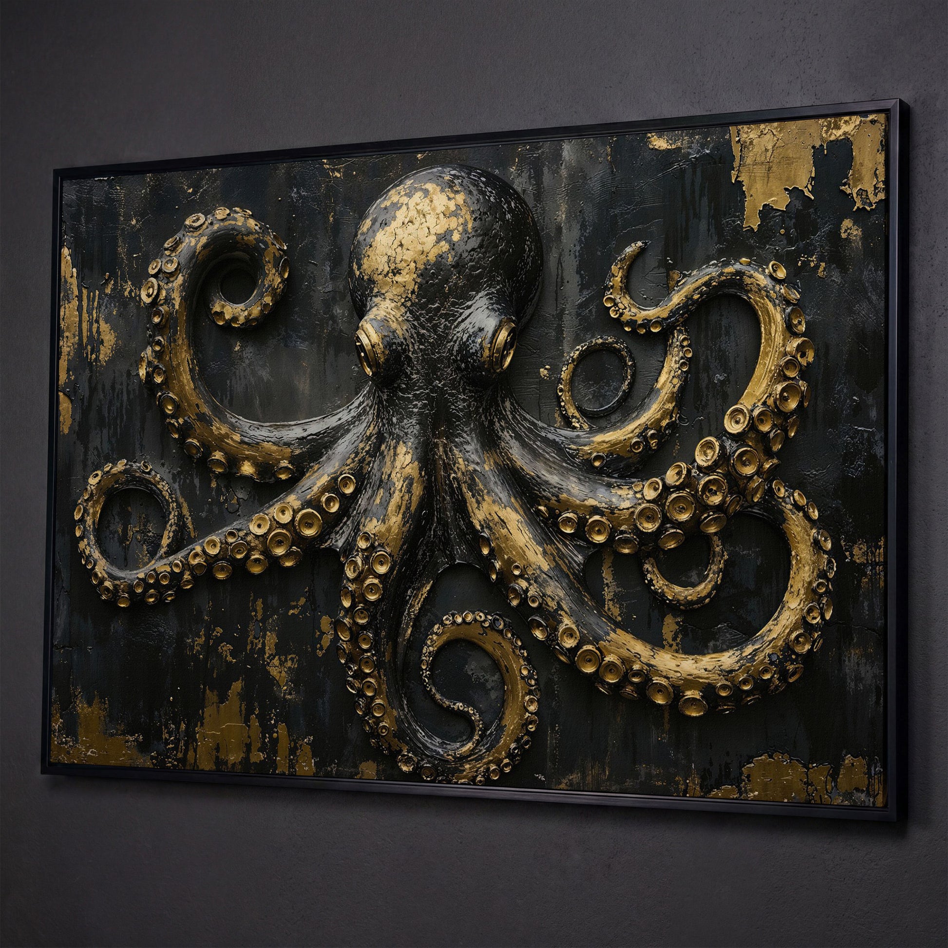 Gold Octopus Canvas. Gothic Nautical Wall Art shown in black floating frame