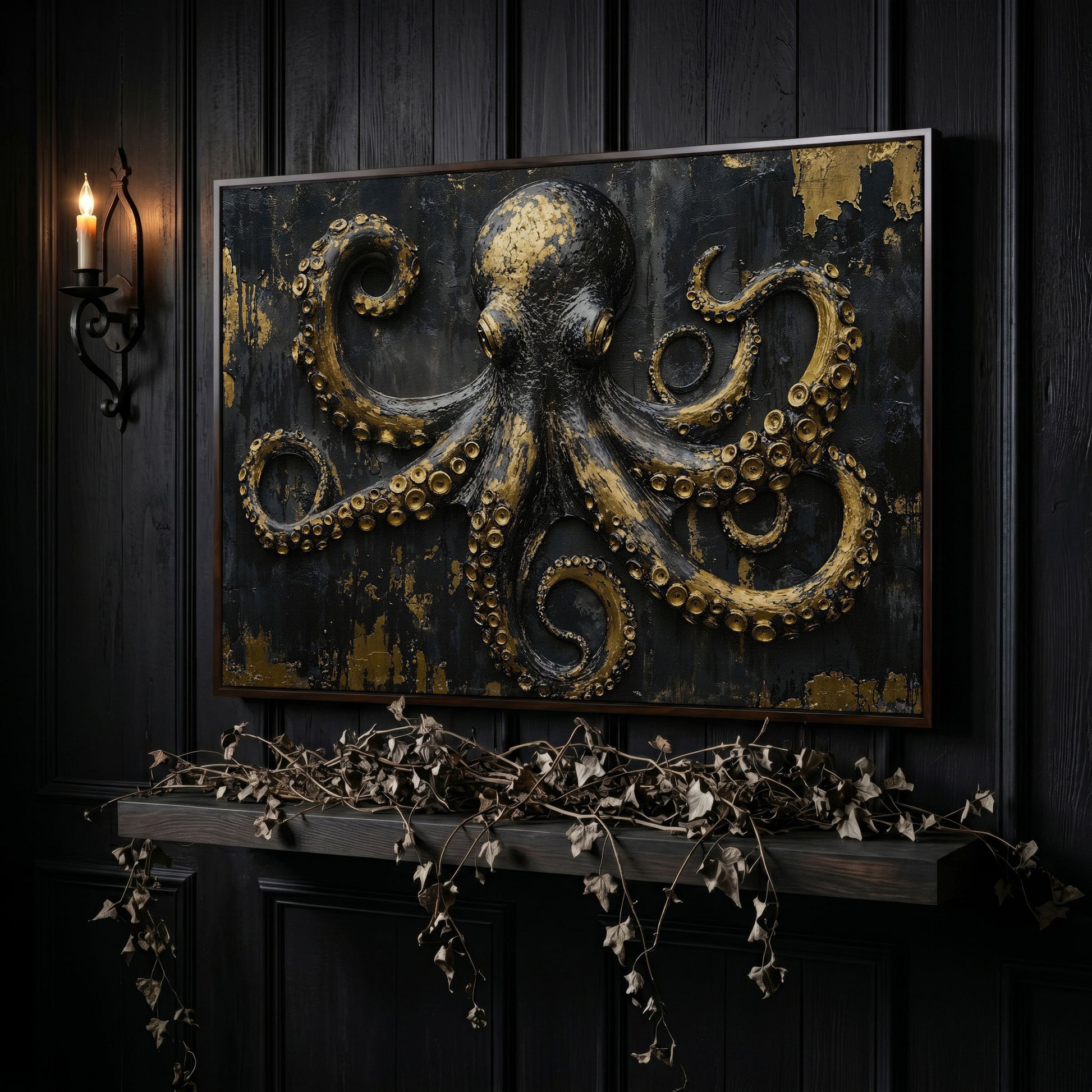 Gold Octopus Canvas. Gothic Nautical Wall Art in dark walnut floating frame