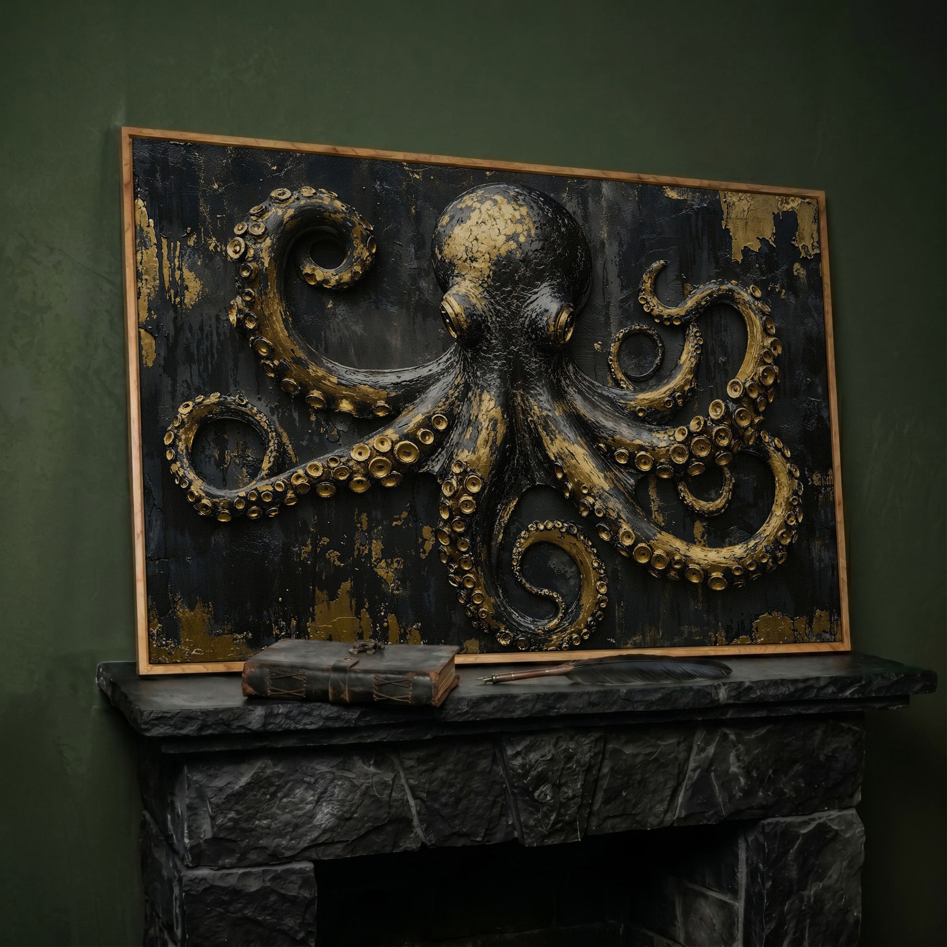 Gold Octopus Canvas. Gothic Nautical Wall Art in white oak floating frame