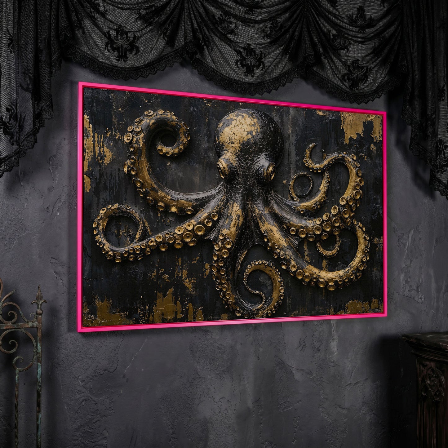 Gold Octopus Canvas. Gothic Nautical Wall Art in pink floating frame