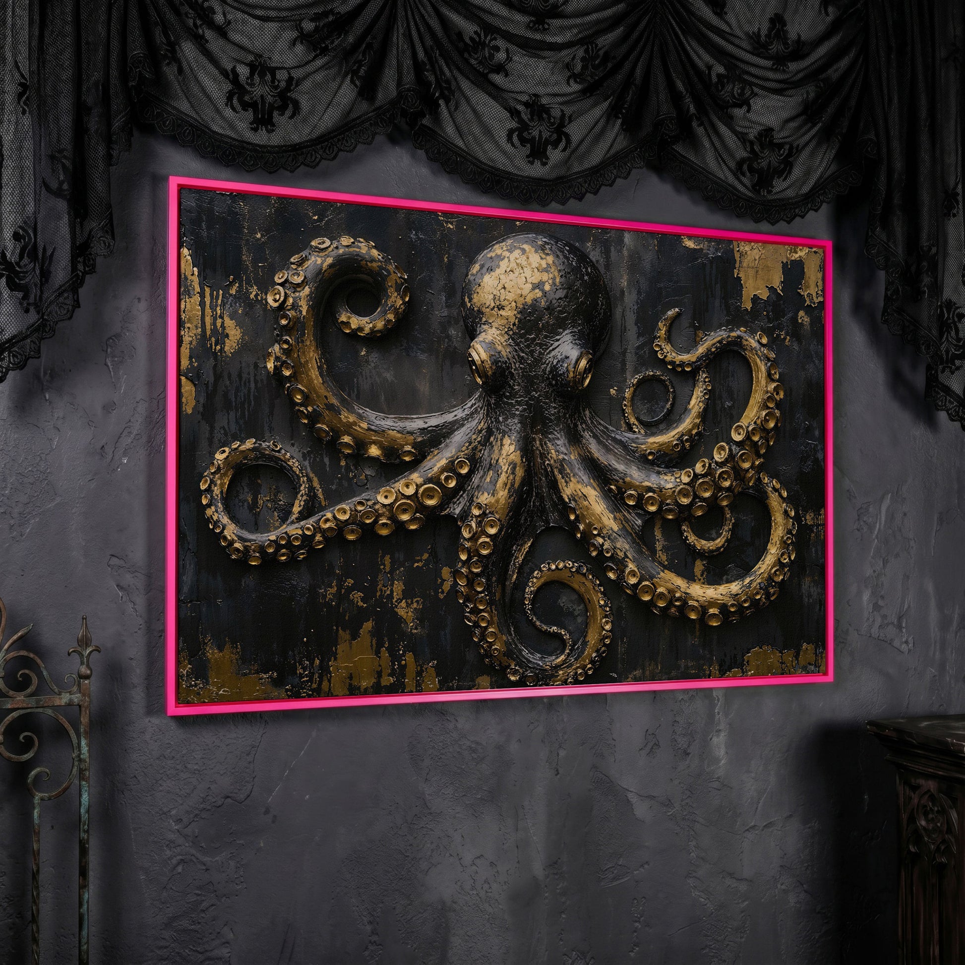 Gold Octopus Canvas. Gothic Nautical Wall Art in pink floating frame