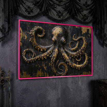 Gold Octopus Canvas. Gothic Nautical Wall Art in pink floating frame