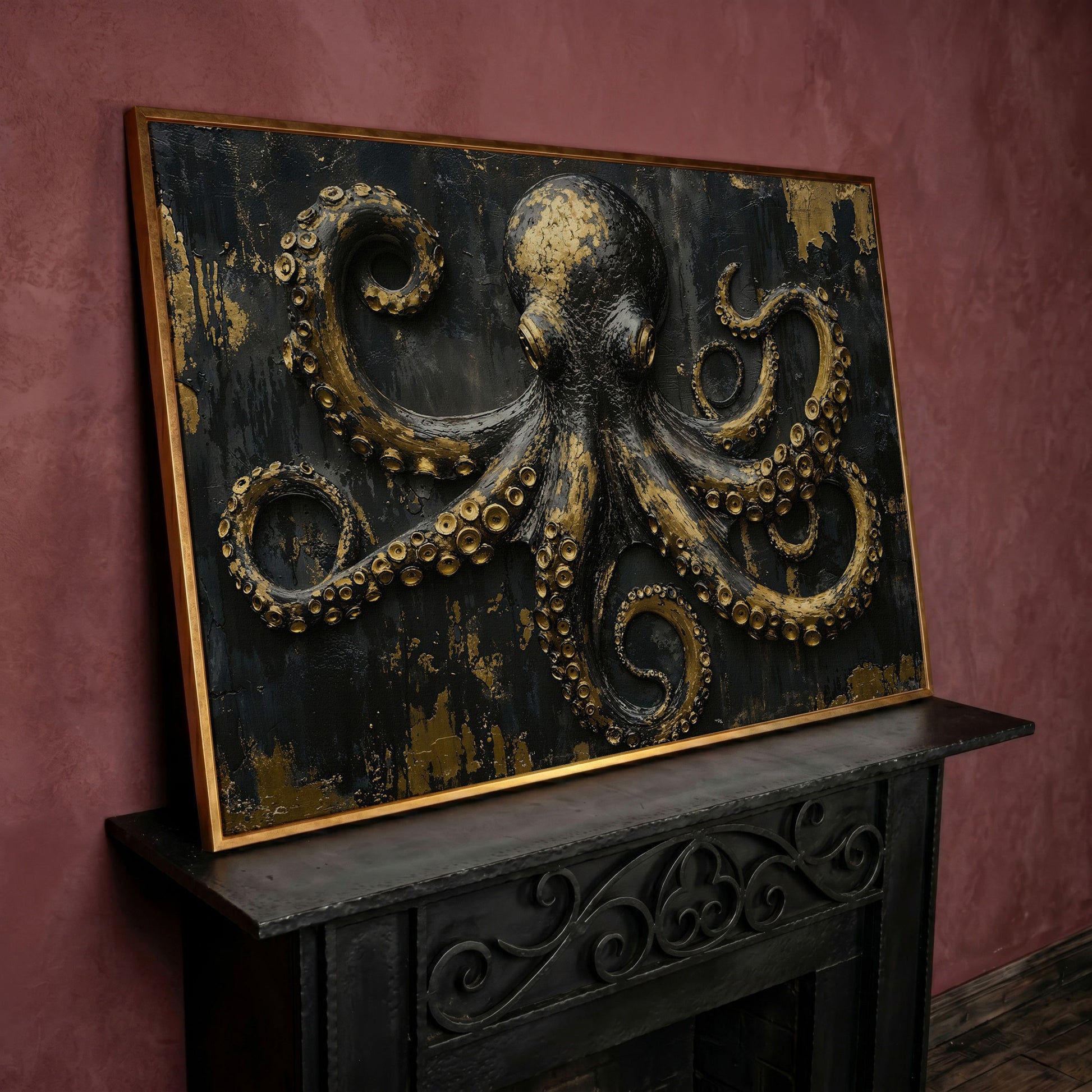 Gold Octopus Canvas. Gothic Nautical Wall Art in rose gold floating frame