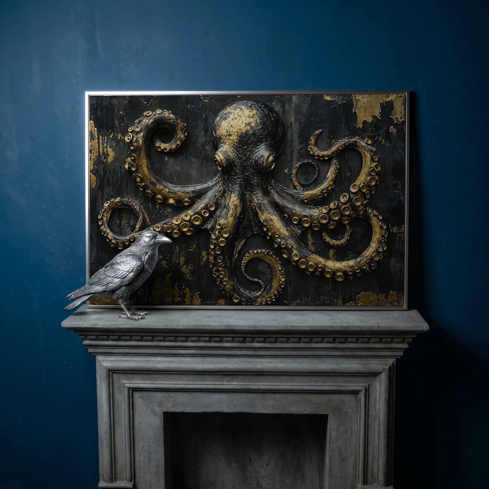 Gold Octopus Canvas. Gothic Nautical Wall Art in silver floating frame