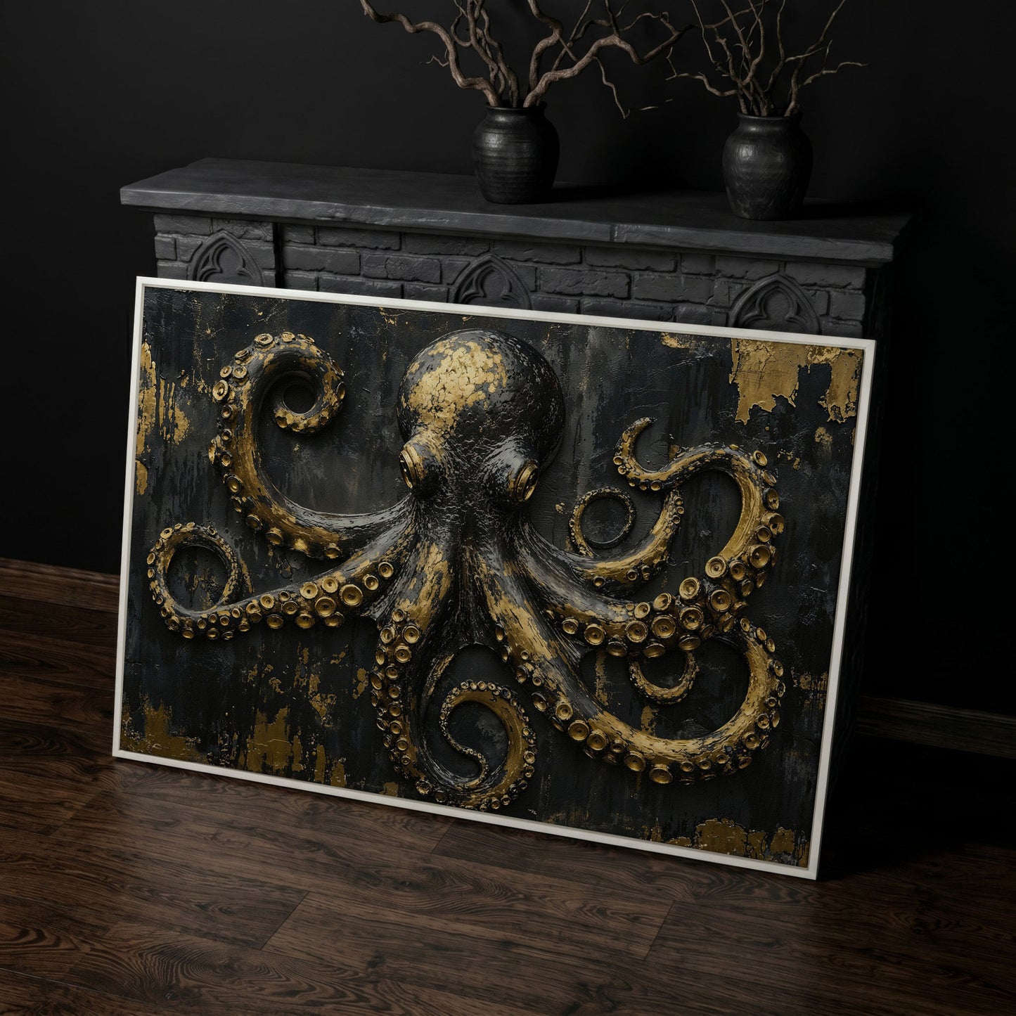 Gold Octopus Canvas. Gothic Nautical Wall Art in white floating frame