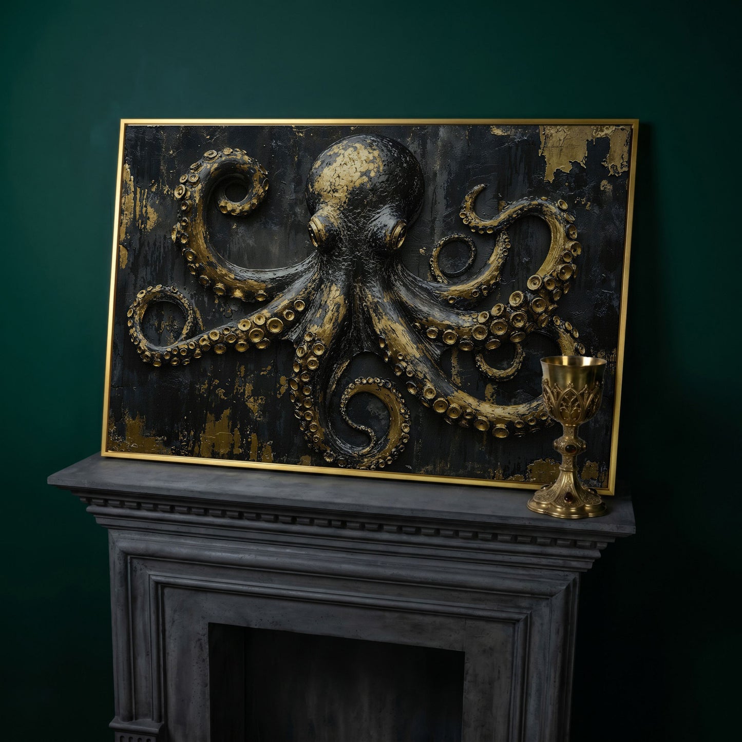 Gold Octopus Canvas. Gothic Nautical Wall Art in yellow gold floating frame