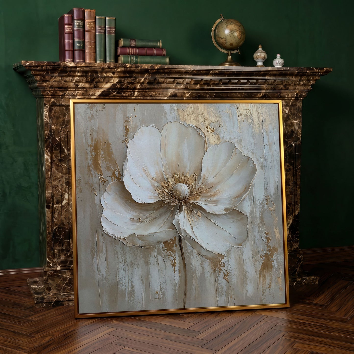 Minimalist Floral with Gold Accents Canvas in antique gold floating frame