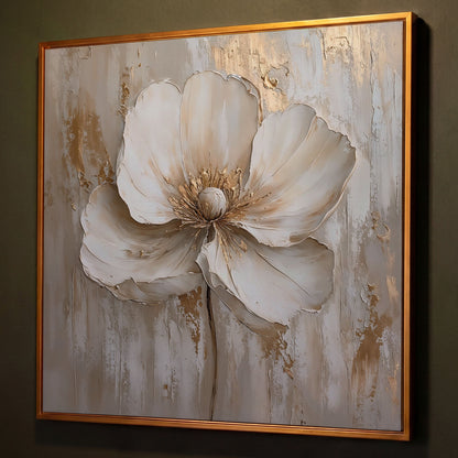 Minimalist Floral with Gold Accents Canvas shown in antique gold floating frame