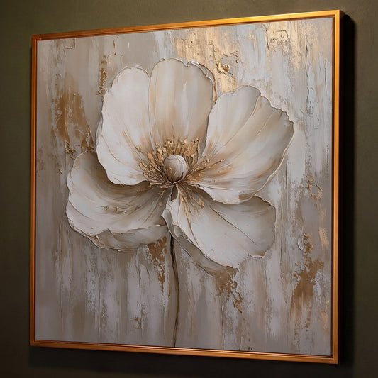 Minimalist Floral with Gold Accents Canvas shown in antique gold floating frame