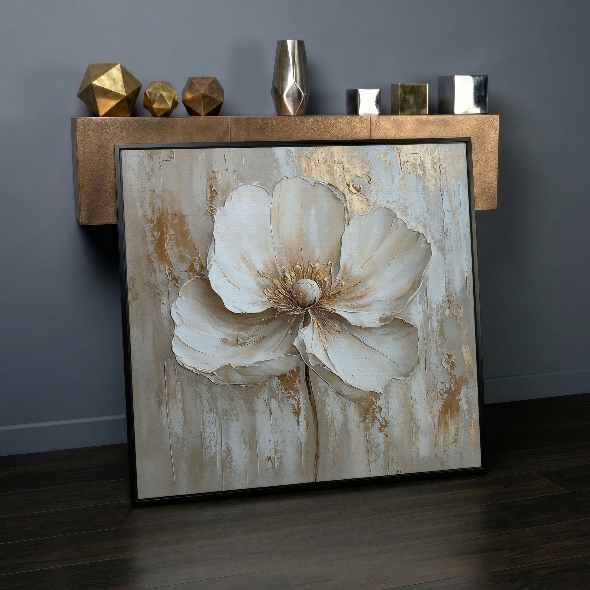Minimalist Floral with Gold Accents Canvas in black floating frame