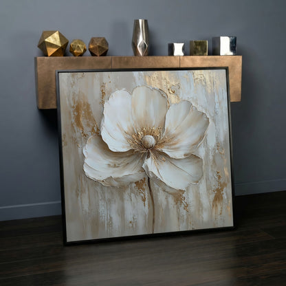 Minimalist Floral with Gold Accents Canvas in black floating frame