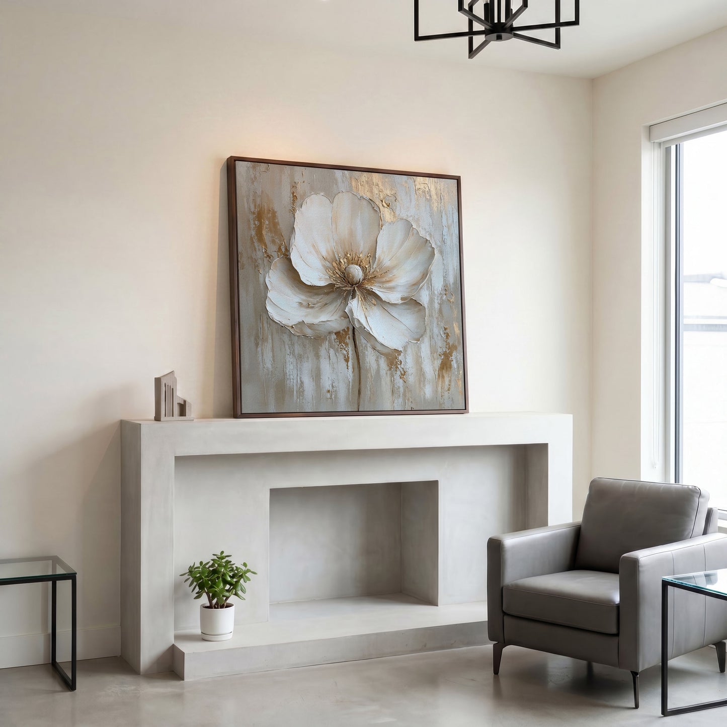 Minimalist Floral with Gold Accents Canvas in dark walnut floating frame
