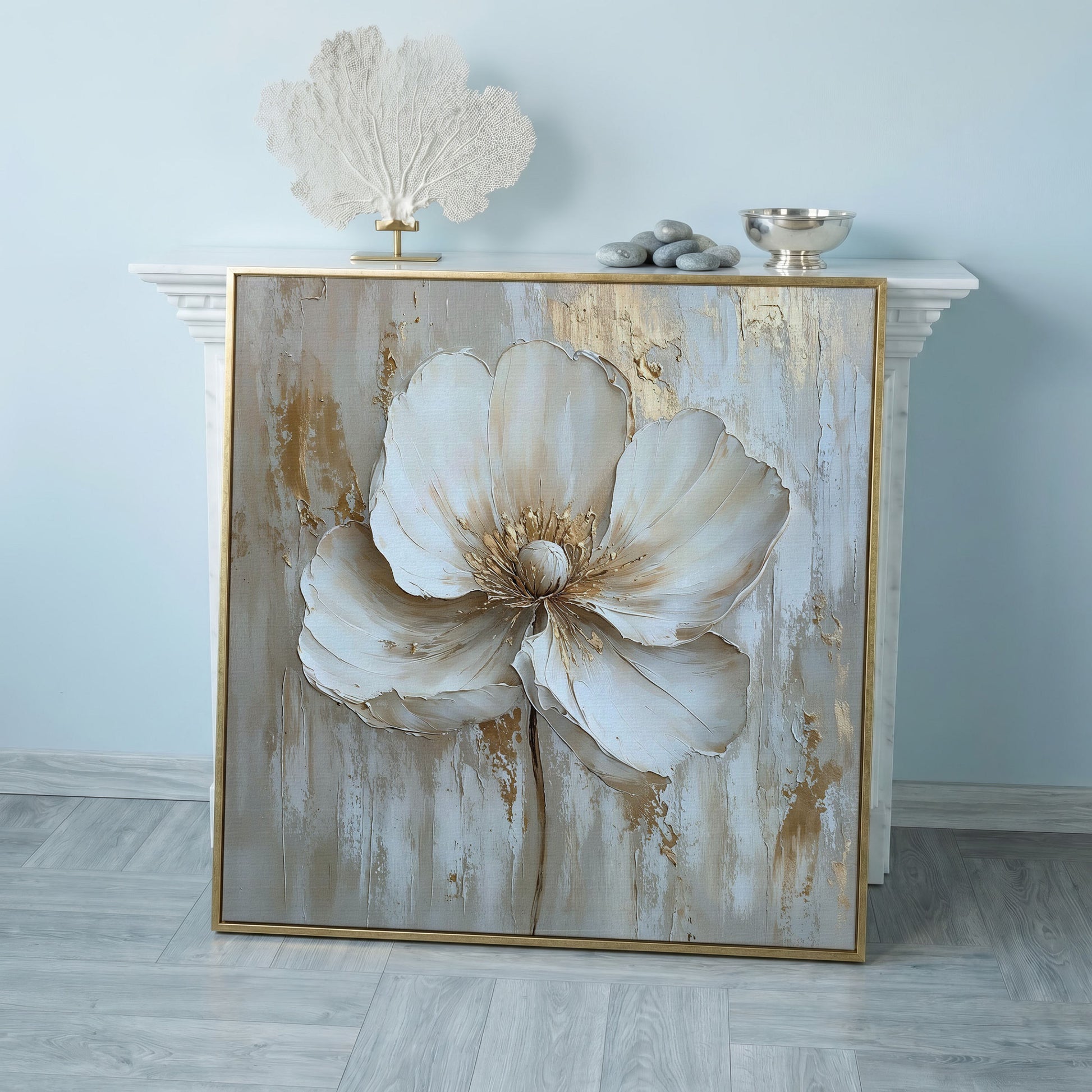 Minimalist Floral with Gold Accents Canvas in rose gold floating frame