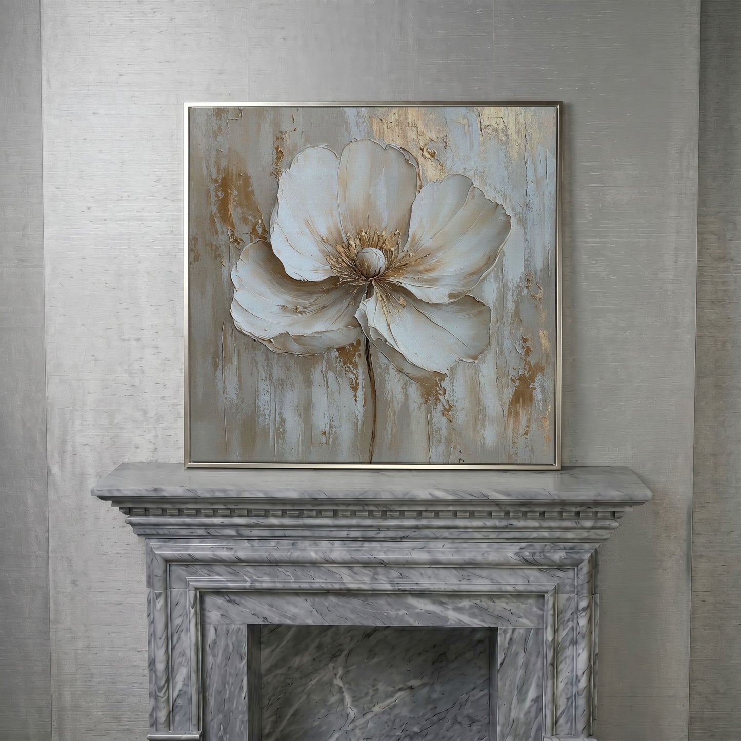 Minimalist Floral with Gold Accents Canvas in silver floating frame