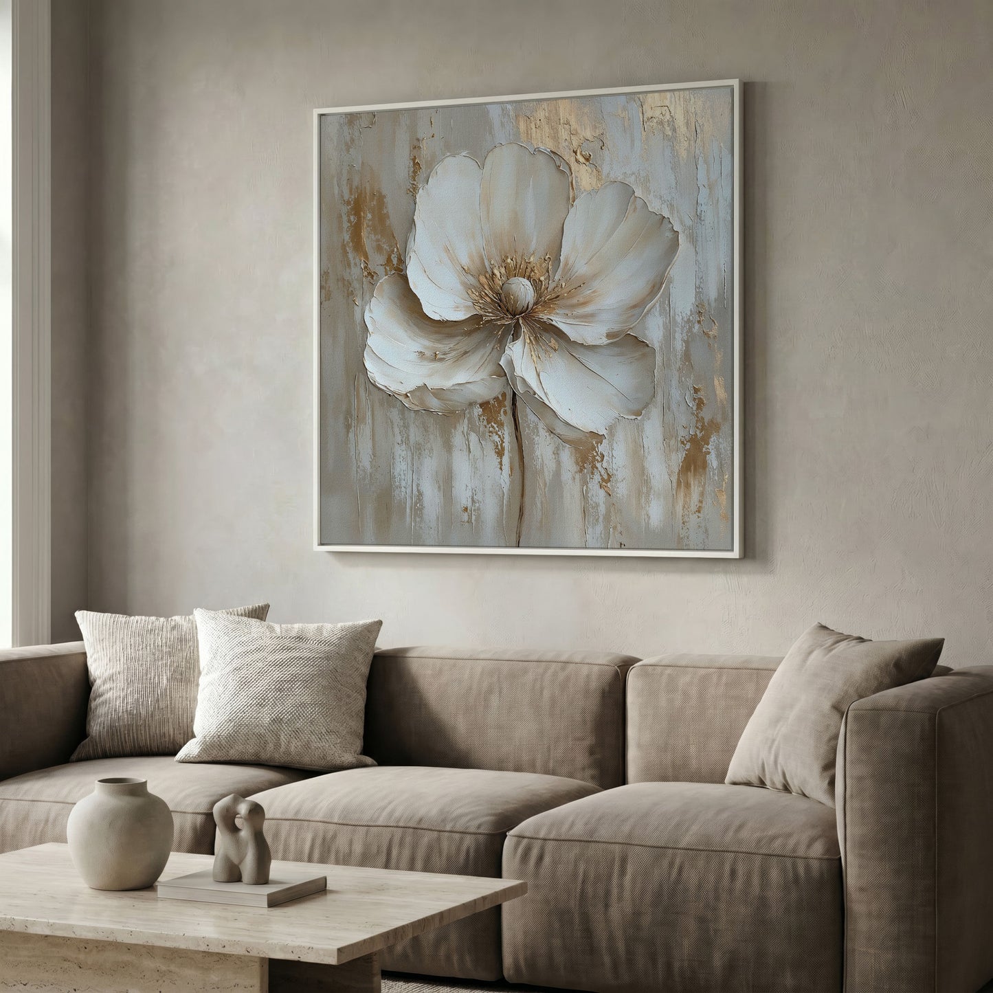 Minimalist Floral with Gold Accents Canvas in white floating frame