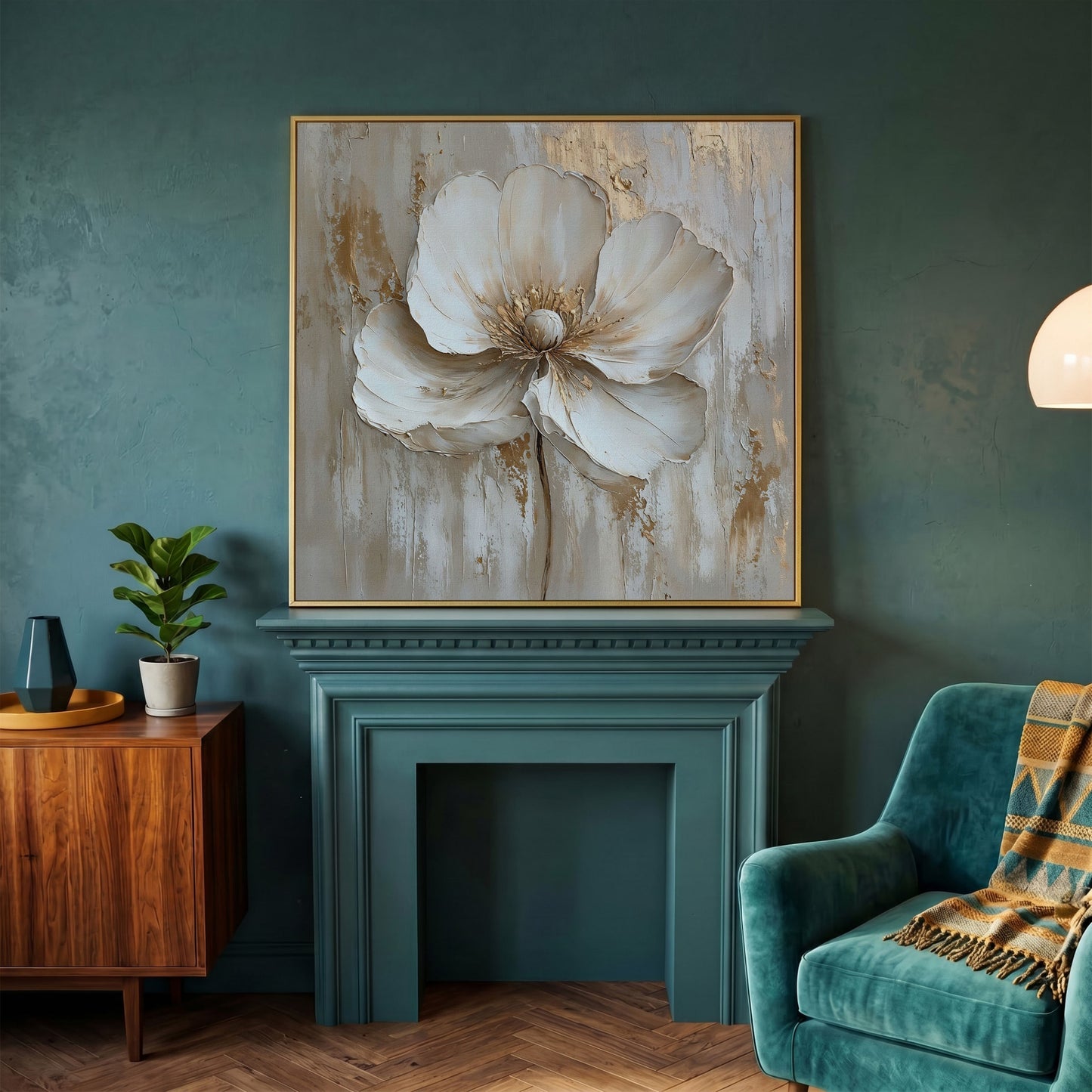 Minimalist Floral with Gold Accents Canvas in yellow gold floating frame