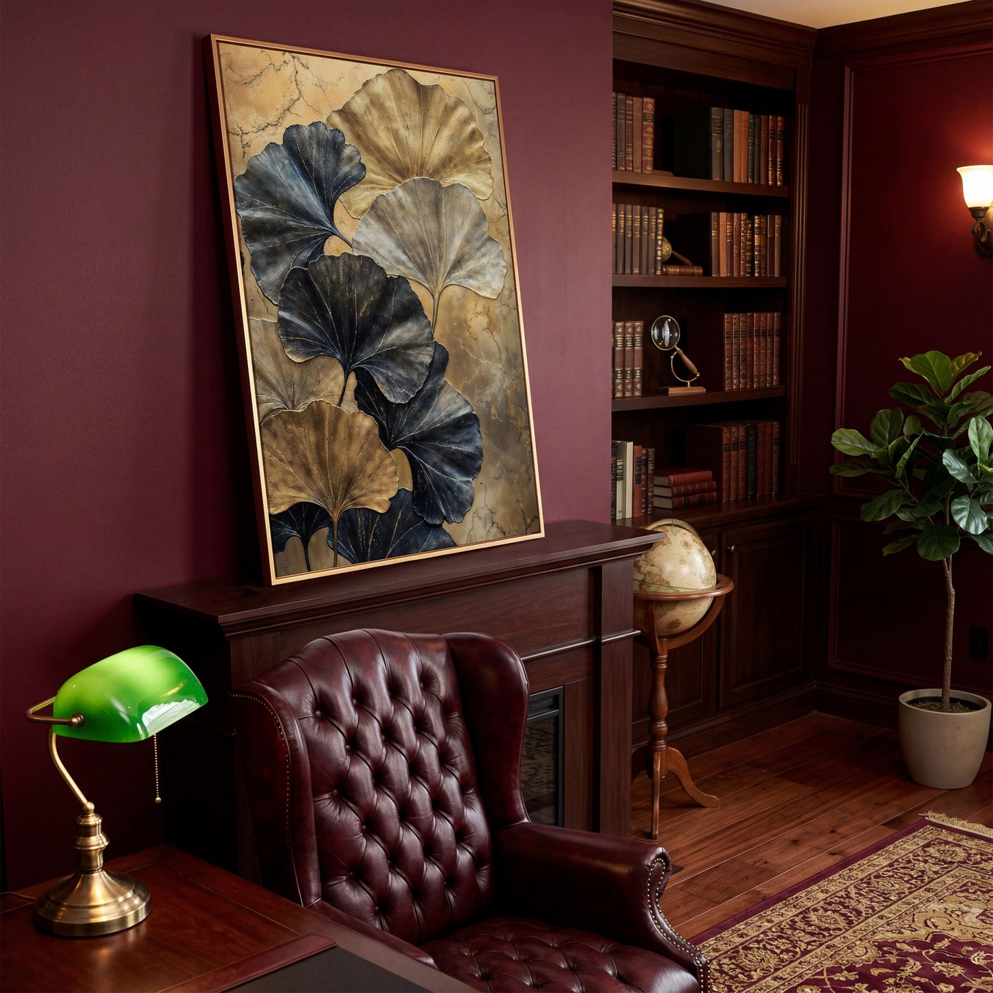 Golden Ginkgo Leaves on Charcoal Canvas in antique gold floating frame