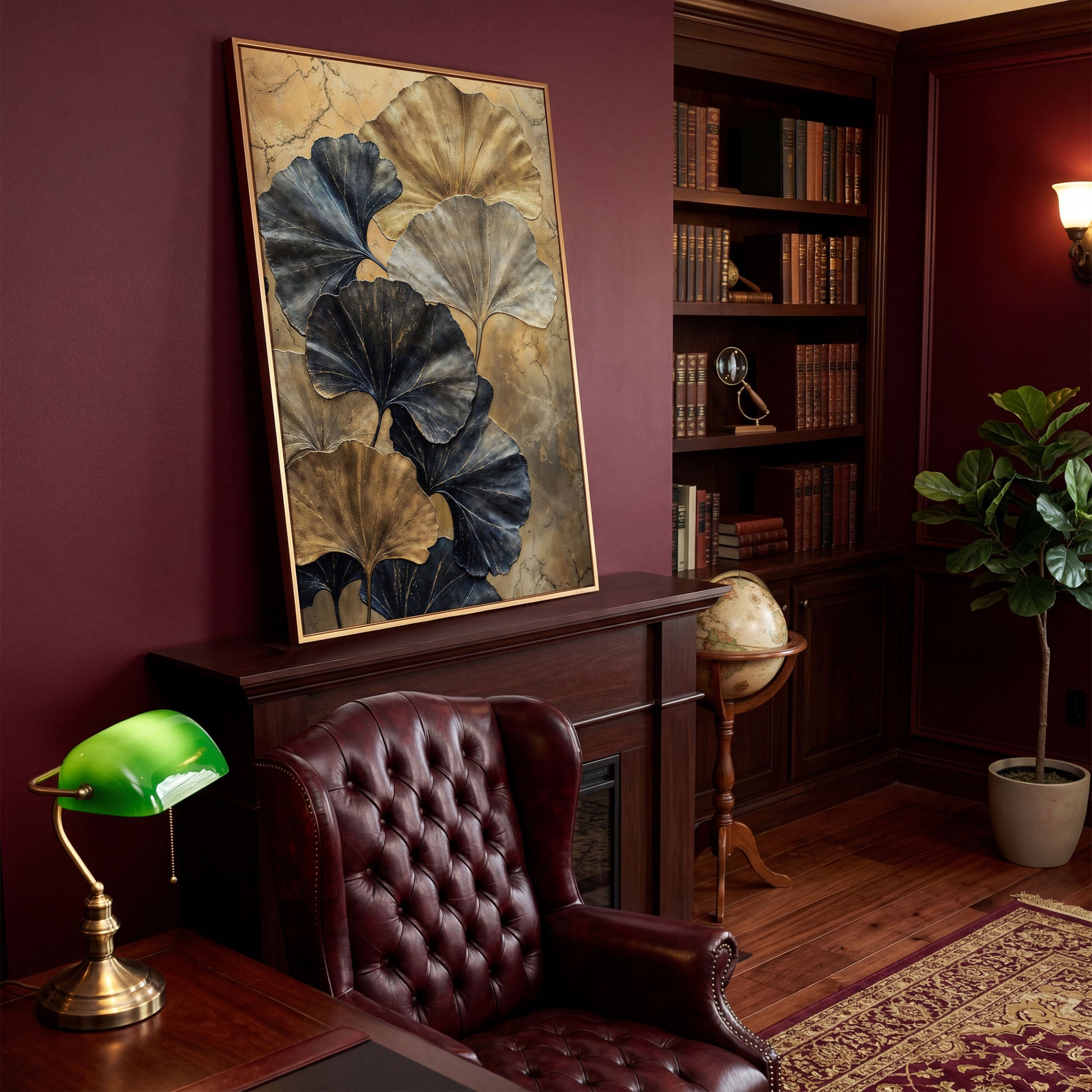 Golden Ginkgo Leaves on Charcoal Canvas in antique gold floating frame