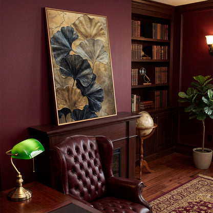 Golden Ginkgo Leaves on Charcoal Canvas in antique gold floating frame