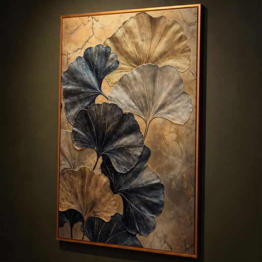 Golden Ginkgo Leaves on Charcoal Canvas shown in antique gold floating frame