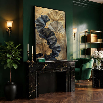 Golden Ginkgo Leaves on Charcoal Canvas in black floating frame