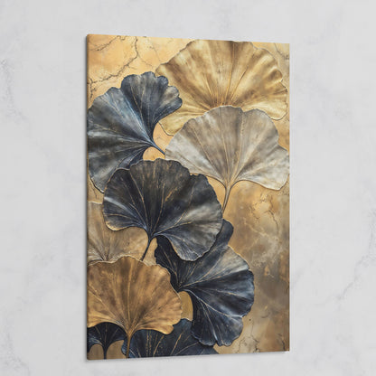 Golden Ginkgo Leaves on Charcoal Canvas on gallery wrap