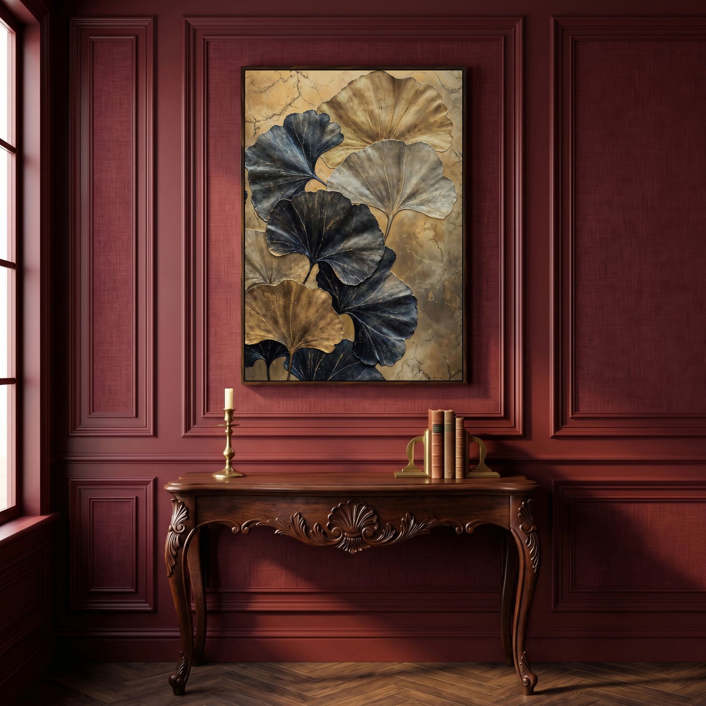 Golden Ginkgo Leaves on Charcoal Canvas in dark walnut floating frame