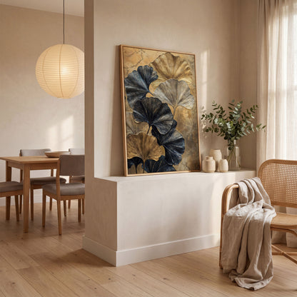 Golden Ginkgo Leaves on Charcoal Canvas in white oak floating frame