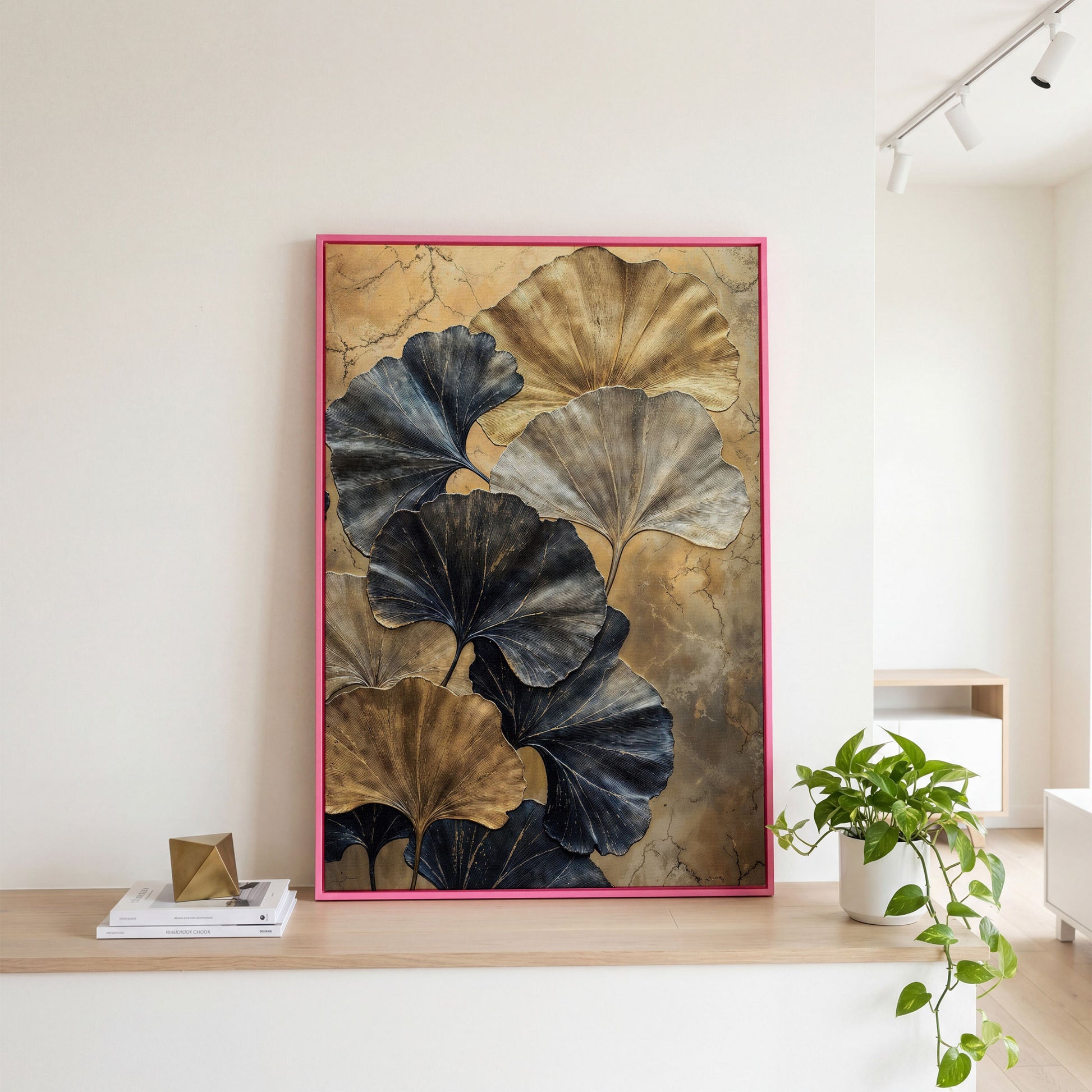 Golden Ginkgo Leaves on Charcoal Canvas in pink floating frame